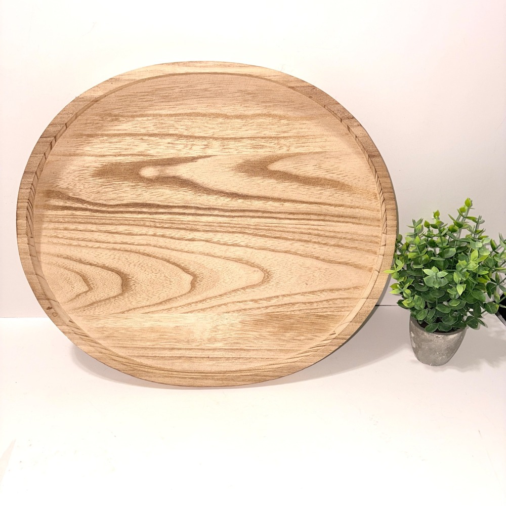 Natural Wood Round Serving Tray Raised Rim 12.5"x15" Rustic Grain Centerpiece